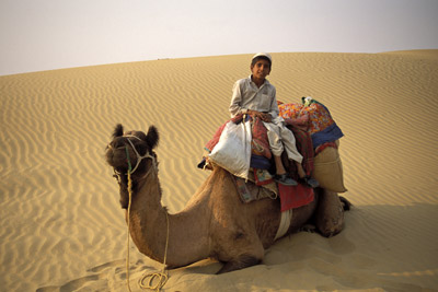 Boy on Camel in Rajasthani Desert near Jaisalmer, India